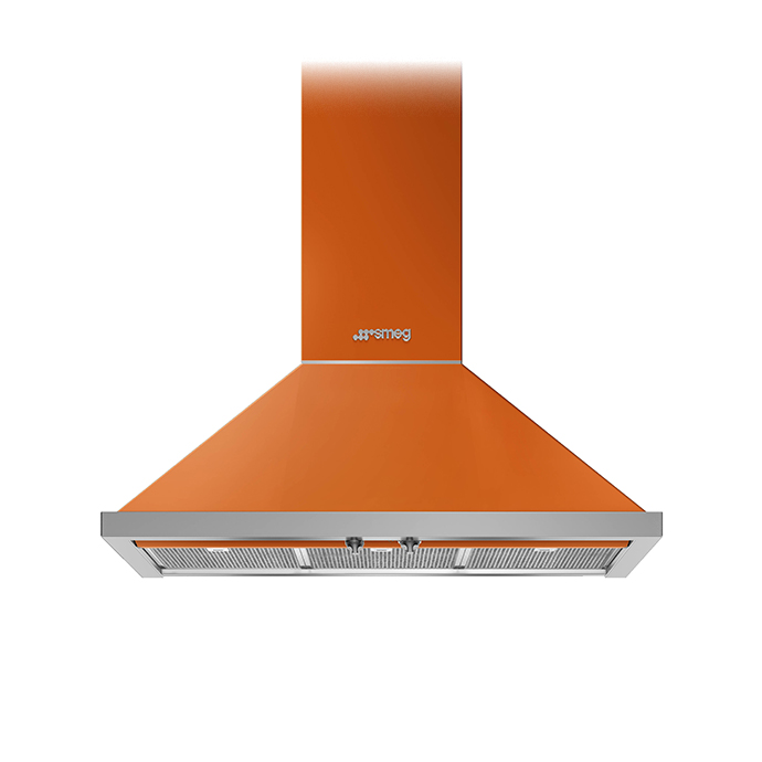 Orangefarbene Smeg Dunstabzugshaube zur Wandmontage im Retro-Design mit Edelstahl-Filtern, Frontansicht