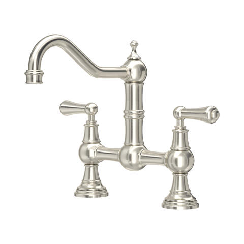 Hochwertige Zweigriff-Küchenarmatur im klassischen Bridge-Design aus gebürstetem Nickel mit hohem Schwanenhals-Auslauf; ideal für Spülbecken, präzise Temperaturregelung, langlebige Metallkonstruktion