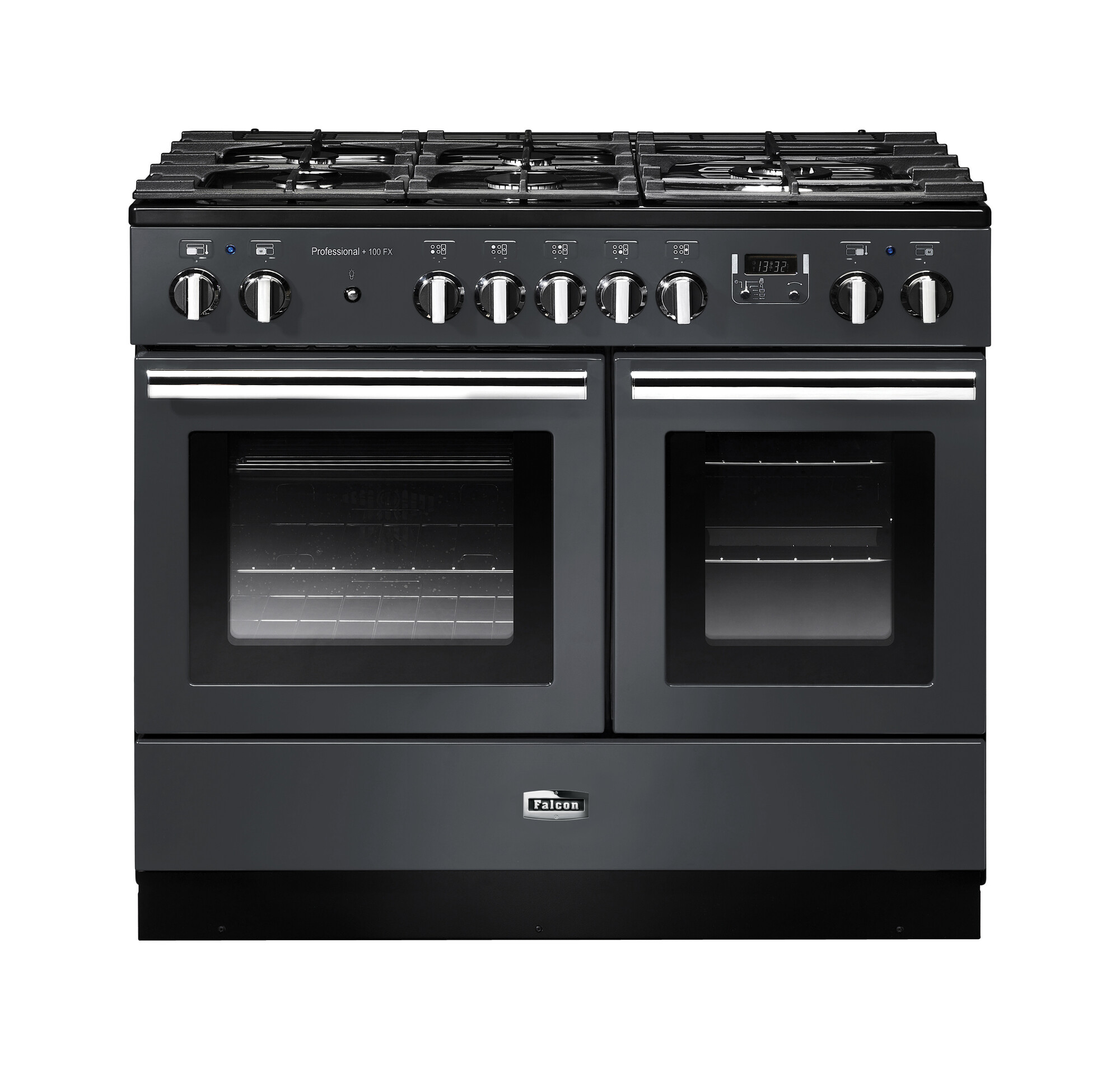 Schwarzer Falcon Professional 100 FX Standherd mit zwei großen Backöfen und sechs Gas-Kochfeldern, Edelstahl-Bedienelemente sichtbar