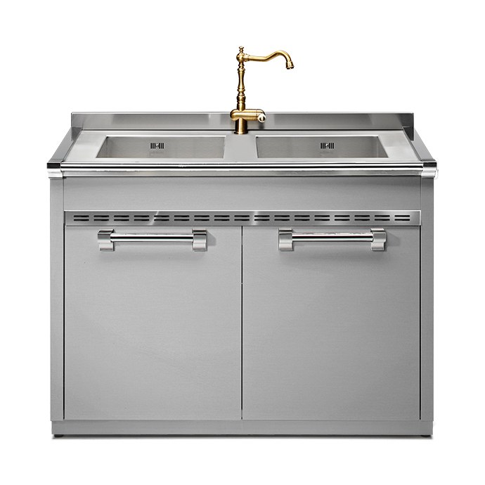 Doppelspülbecken aus Edelstahl mit goldener Armatur und zwei Unterschranktüren, ideal für professionelle Küchen