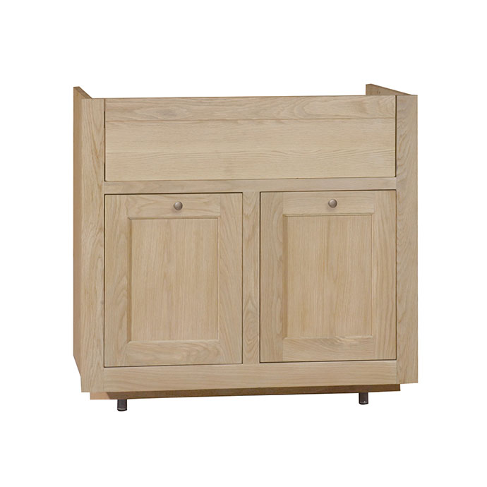 Heller Waschbeckenunterschrank aus Holz mit zwei Türen und einer Schublade, geeignet für Badezimmer