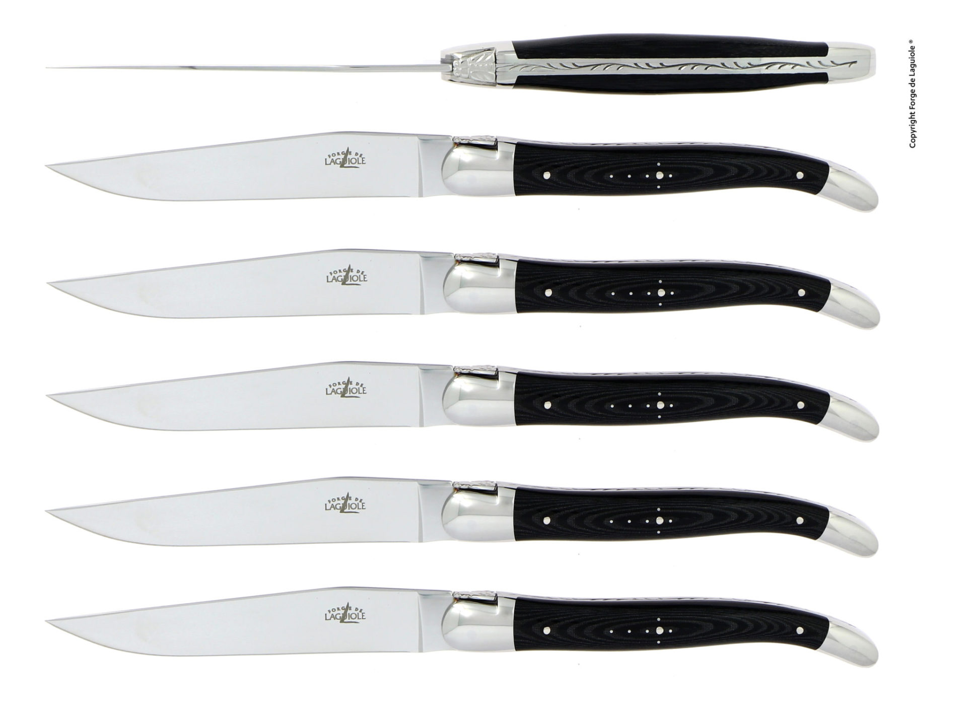 Sechs elegante Laguiole Steakmesser mit schwarzen Griffen und Edelstahlklingen, in seitlicher Ansicht angeordnet