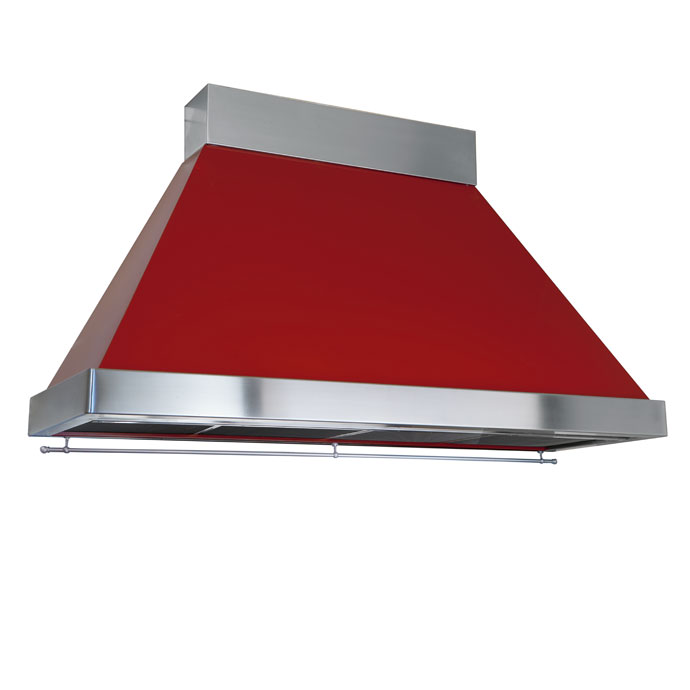 Rote Dunstabzugshaube mit Edelstahlverkleidung zur Wandmontage, ideal für moderne Küchen