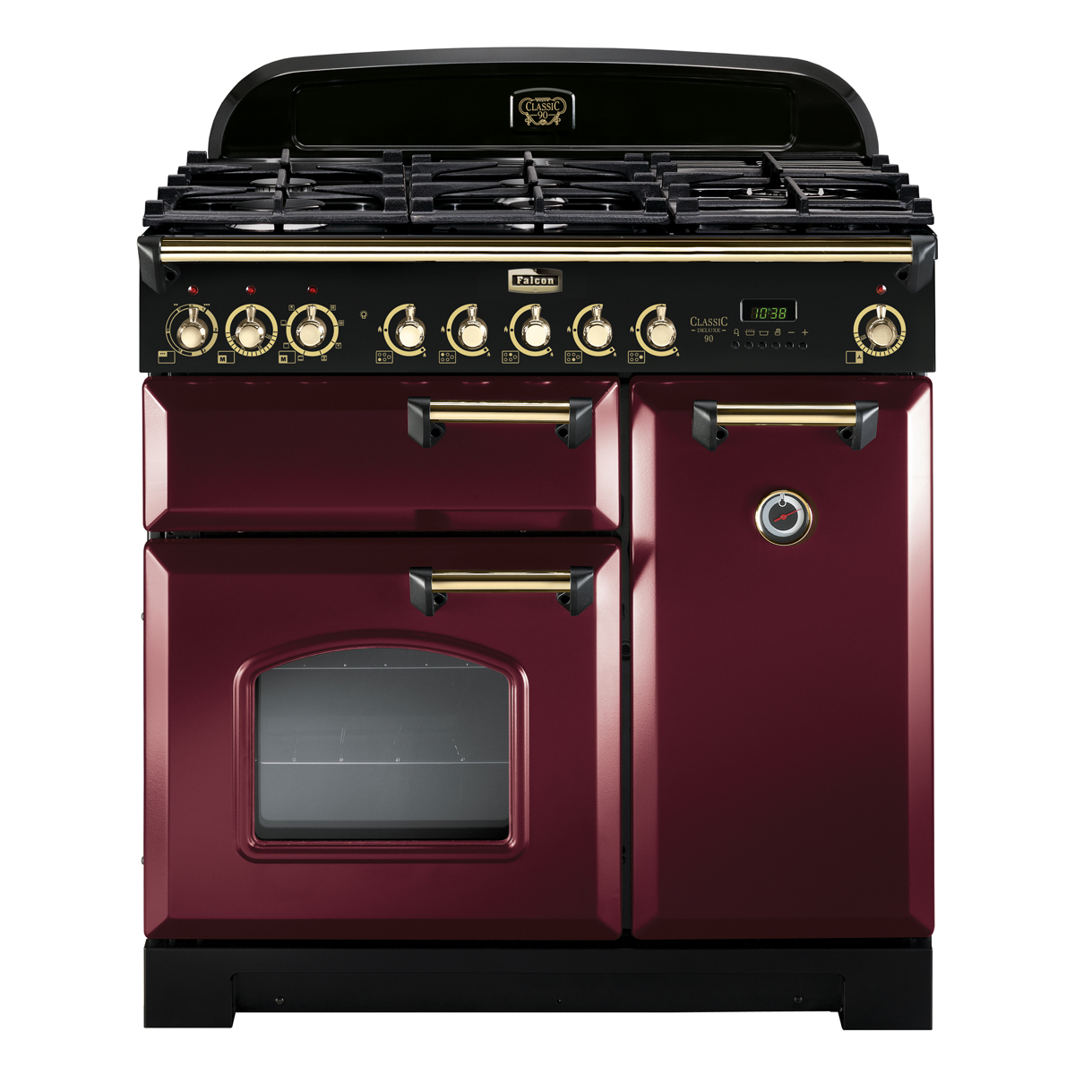 Bordeauxroter Falcon Classic Deluxe 90 Standherd mit Doppelbackofen, sieben Gas-Kochfeldern und goldenen Details