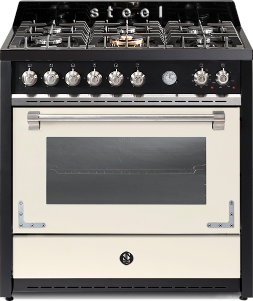Moderner Gasherd mit sechs Kochfeldern, Temperaturanzeige und großem Backofen in eleganter Creme-Schwarz-Optik