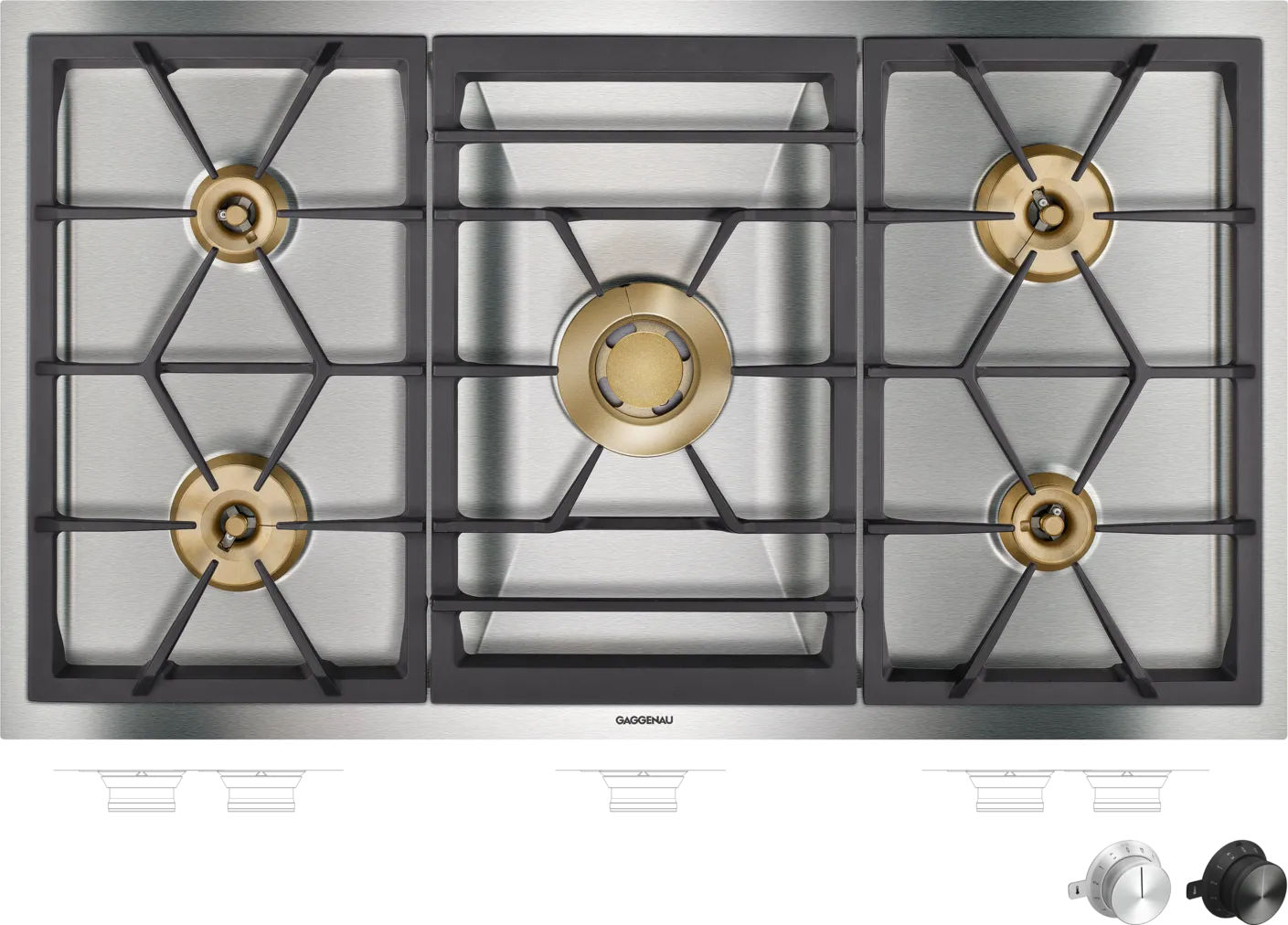 Modernes Gaggenau Gaskochfeld aus Edelstahl mit fünf goldfarbenen Brennern und robusten Gusseisenrosten