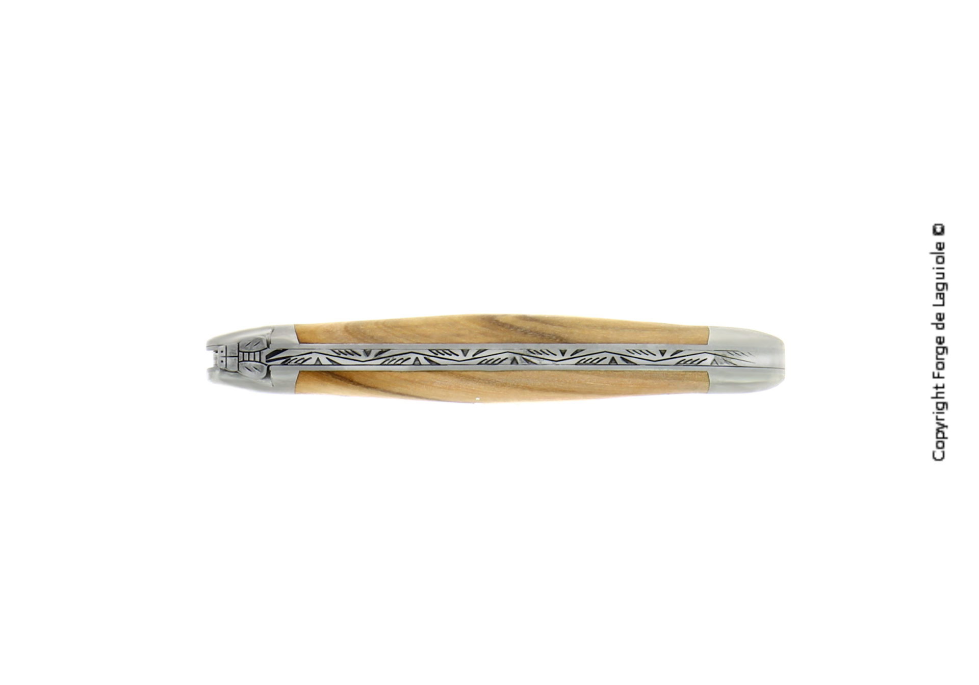 Geschlossenes Laguiole Taschenmesser, Olivenholzgriff, ornamentierter Rücken, Draufsicht