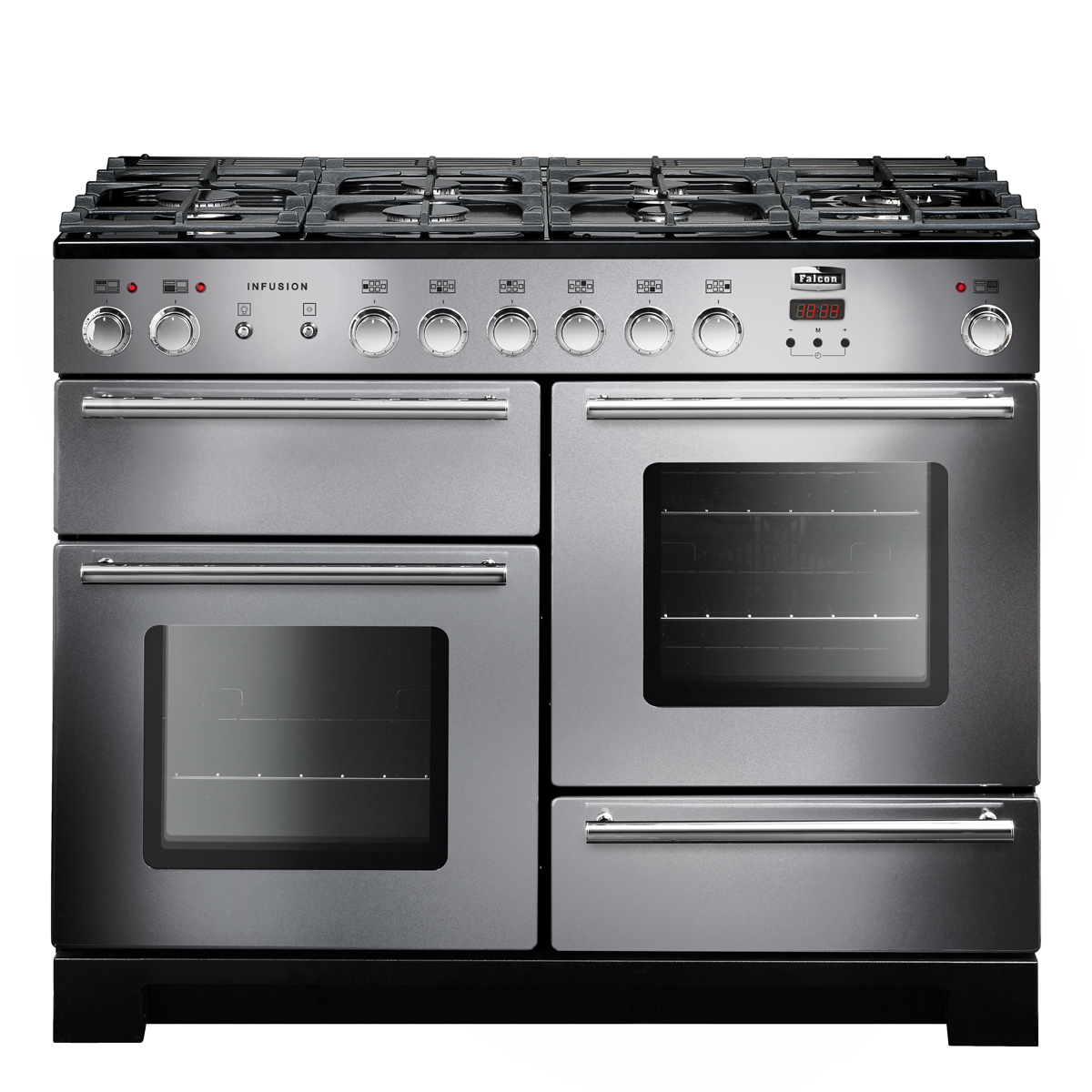 Großer Edelstahl-Range Cooker mit Gaskochfeld und mehreren Backöfen, ideal für professionelle Küchen und Hobbyköche
