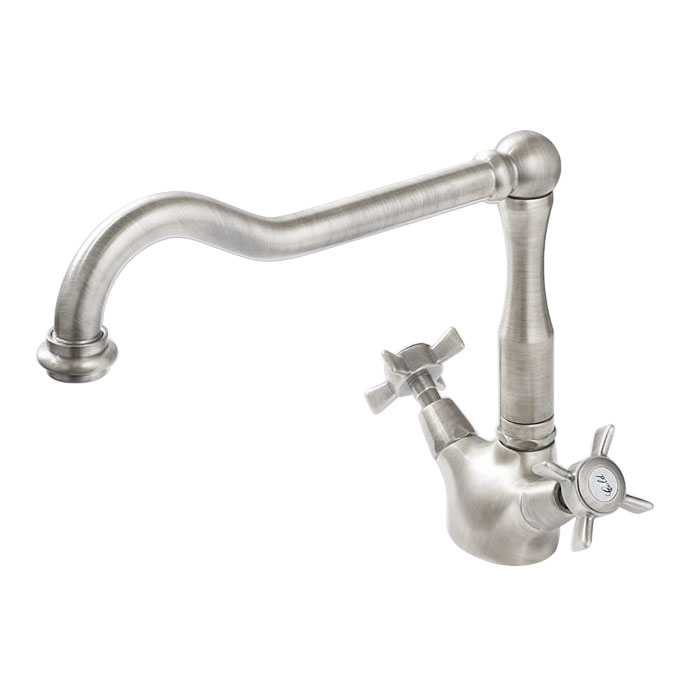 Küchenarmatur im Retro-Design aus gebürstetem Edelstahl mit zwei Kreuzgriffen für warmes und kaltes Wasser
