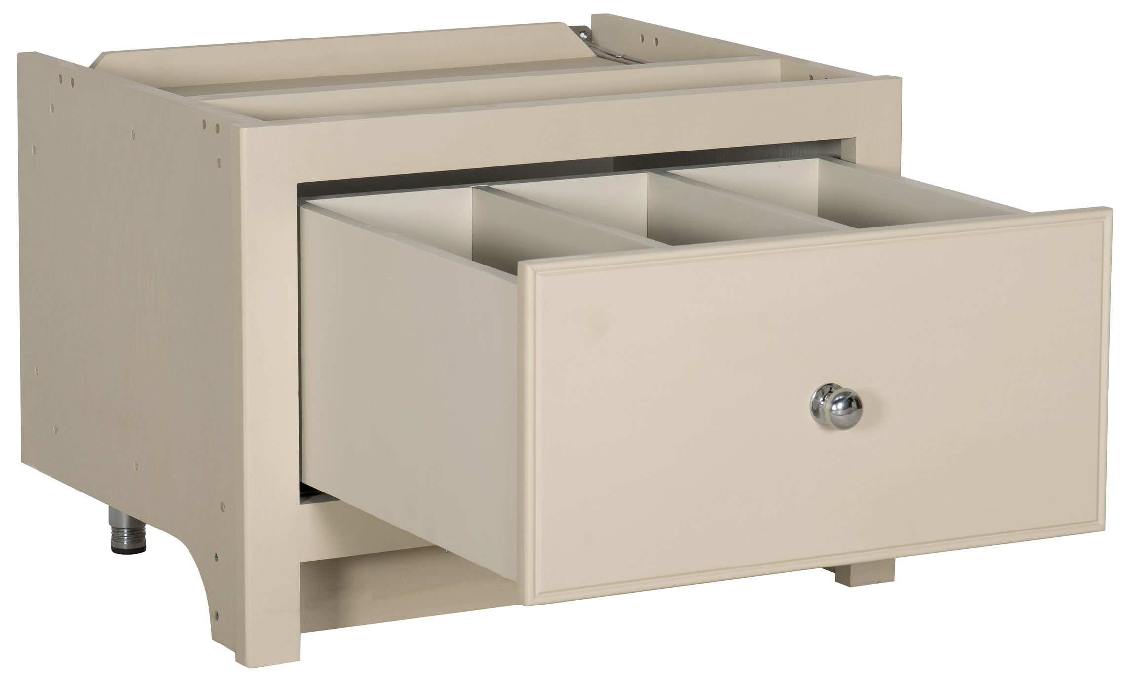 Offener Unterschrank in Beige mit einer großen Schublade und integrierten Fächern, geeignet zur Aufbewahrung