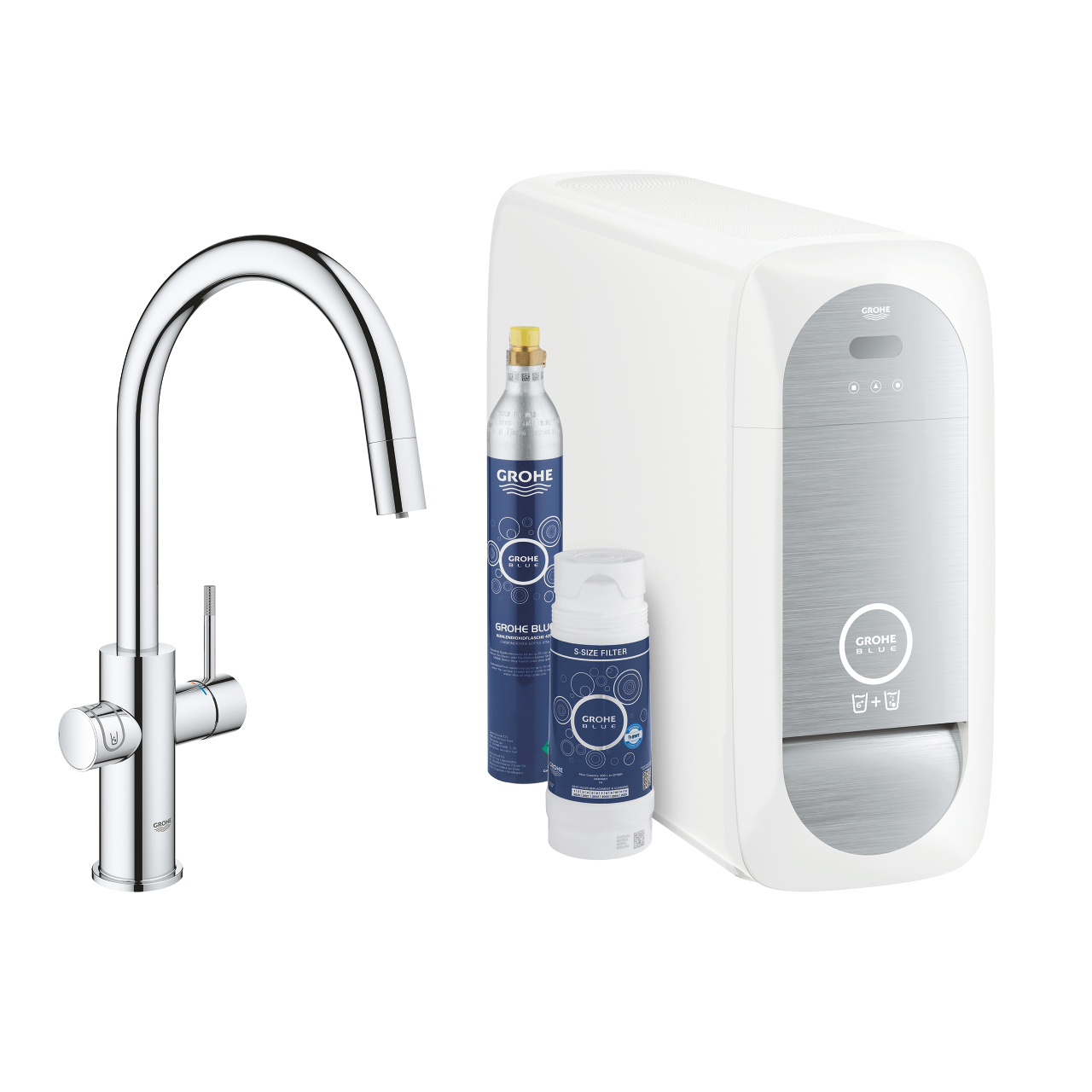 GROHE Blue Komplettset bestehend aus Wassersprudler, CO2-Flasche, Wasserfilter und eleganter Chrom-Armatur für die Küche