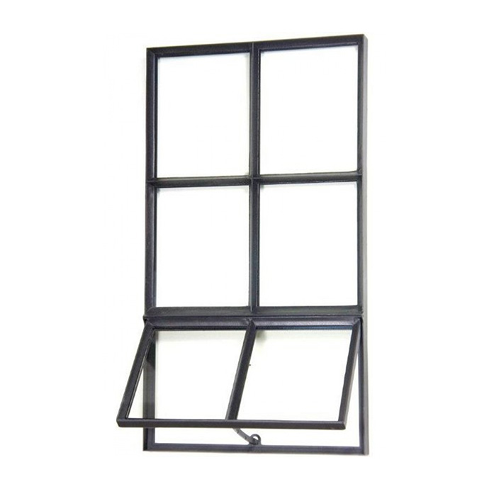 Schwarzes Stahlfenster im Industrie-Stil mit sechs rechteckigen Segmenten, unten zum Ausklappen geöffnet