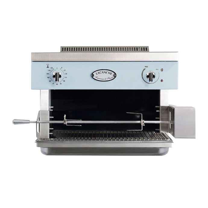 Lacanche Grillgerät in Edelstahl und Hellblau mit integriertem Drehspieß, ideal für gleichmäßiges Grillen und Braten