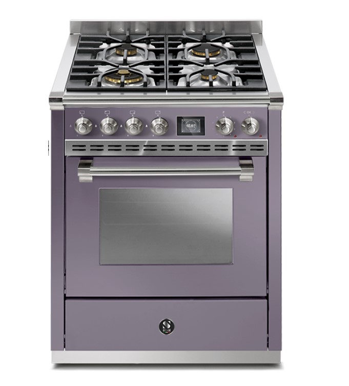 Lila Gasherd mit Backofen und vier Kochfeldern, modernes Design, geeignet für die Küche