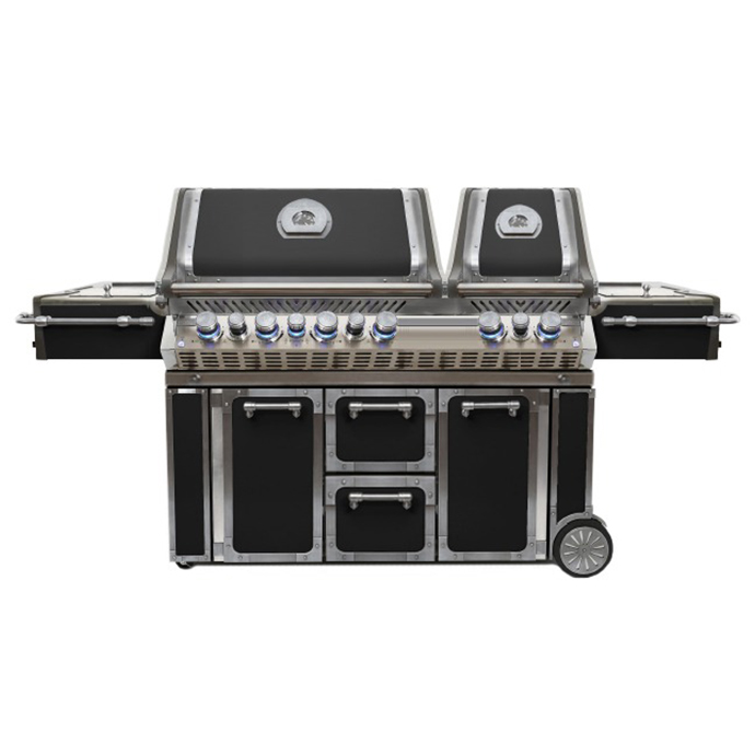 Großer Gasgrill aus Edelstahl mit mehreren Brennern, zwei Grillhauben, seitlichen Ablagen und Stauraum