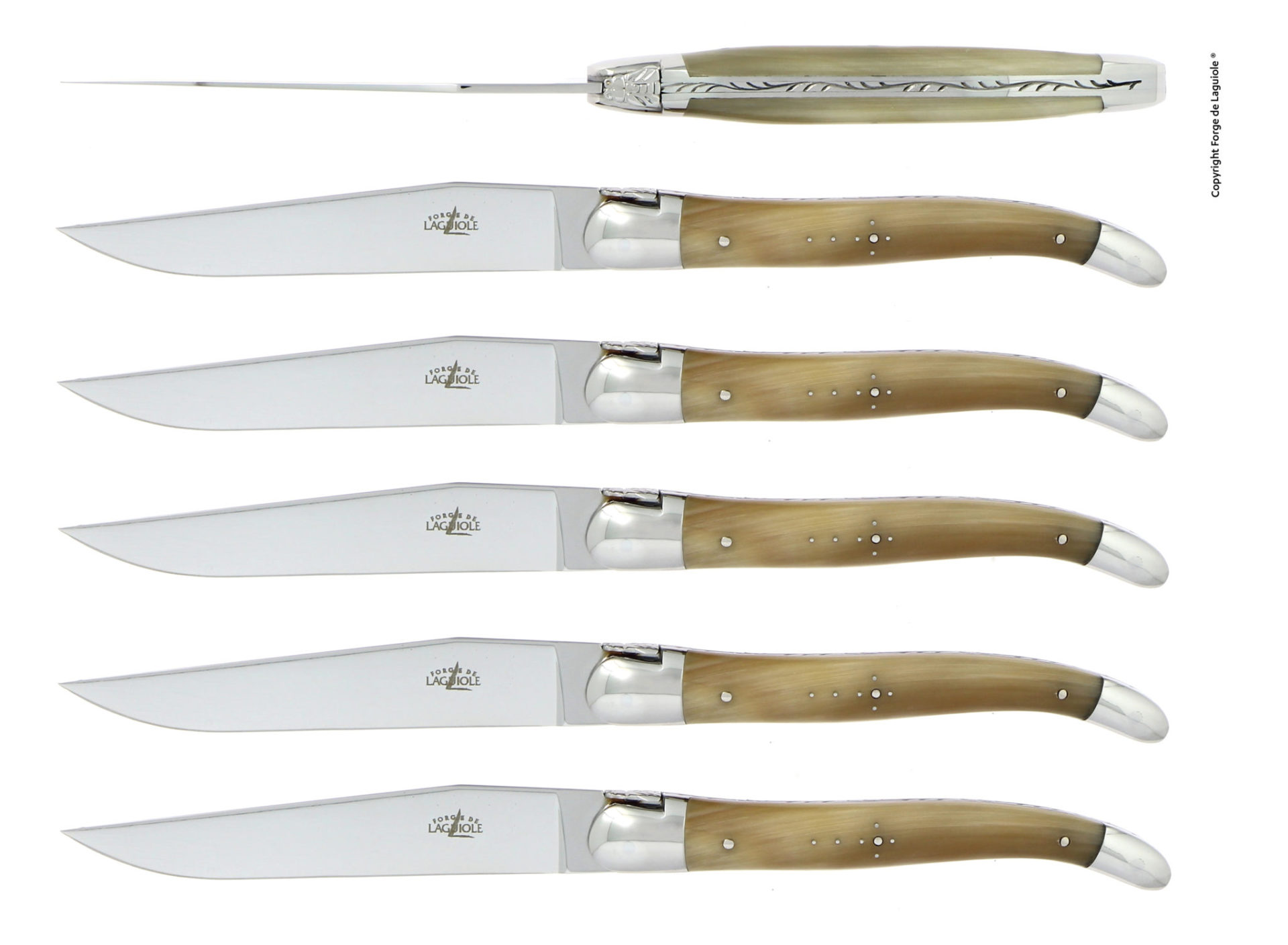 Sechs hochwertige Laguiole Steakmesser mit polierter Klinge und Griffen aus echtem Horn, elegant angeordnet