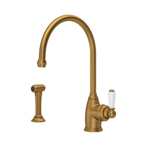 Vintage Küchenarmatur aus Messing in Gold, hoher Schwanenhals-Auslauf, Einhebelmischer mit weißem Keramikgriff, separate Spülbrause/Seitenspritzdüse, drehbar – ideal für Spülbecken
