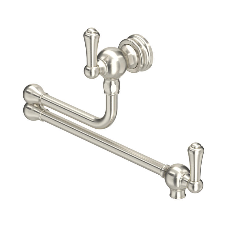 Wandmontierte Topf-Füllarmatur mit zwei schwenkbaren Gelenkarmen aus gebürstetem Nickel; klassischer Küchen-Wasserhahn zum Befüllen von Töpfen am Herd, platzsparend, massives Messing, Kaltwasseranschluss