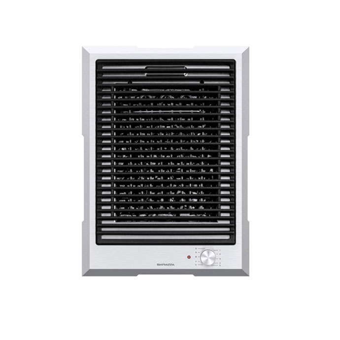 Frontansicht eines Einbau-Grills von Barazza aus Edelstahl mit schwarzem Grillrost und Drehregler