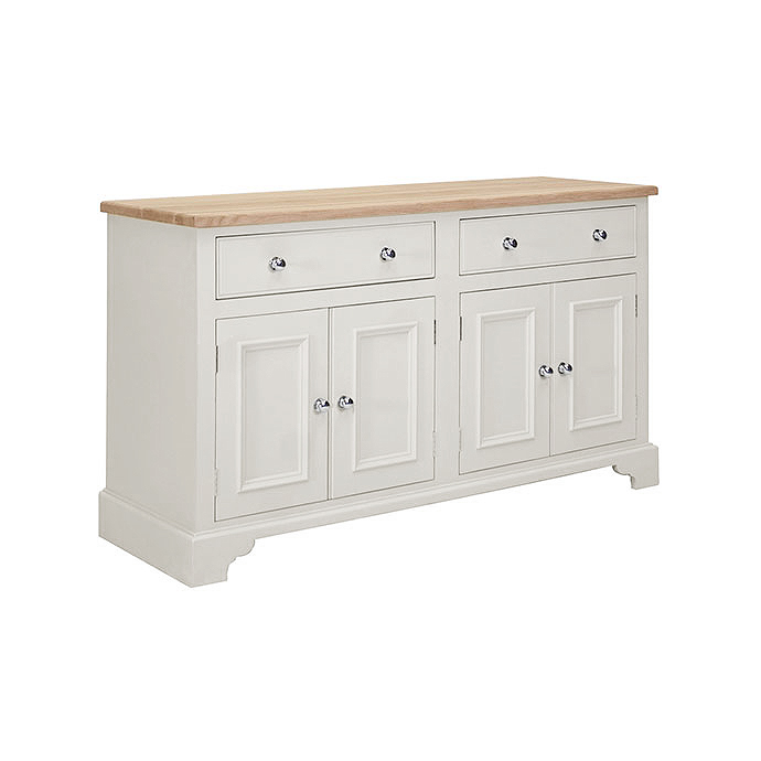 Weißes Sideboard mit zwei Schubladen oben, vier Türen unten und einer naturfarbenen Holzplatte