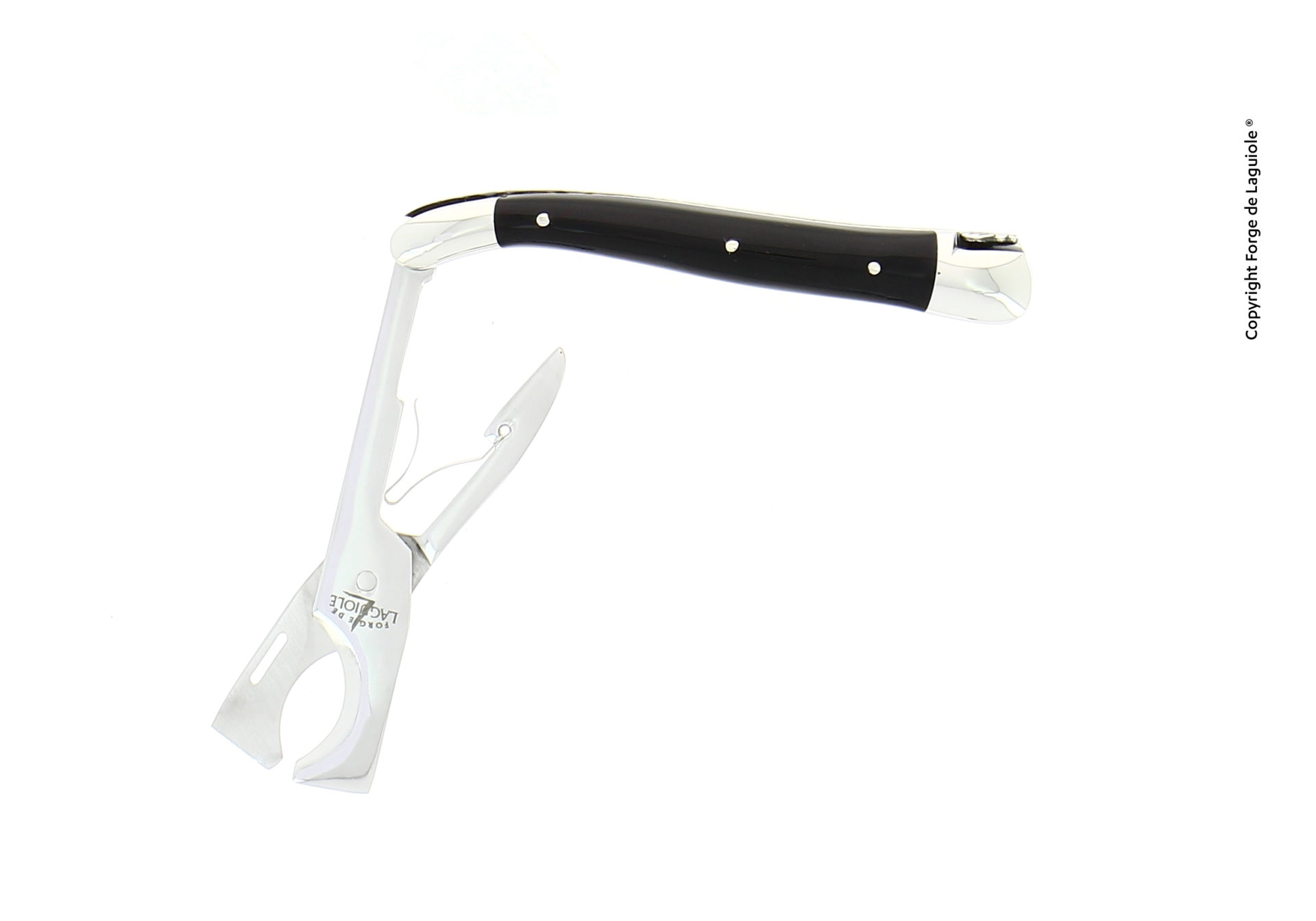 Edles Kellnermesser von Forge de Laguiole mit schwarzem Griff, integriertem Flaschenöffner und Korkenzieher auf weißem Hintergrund