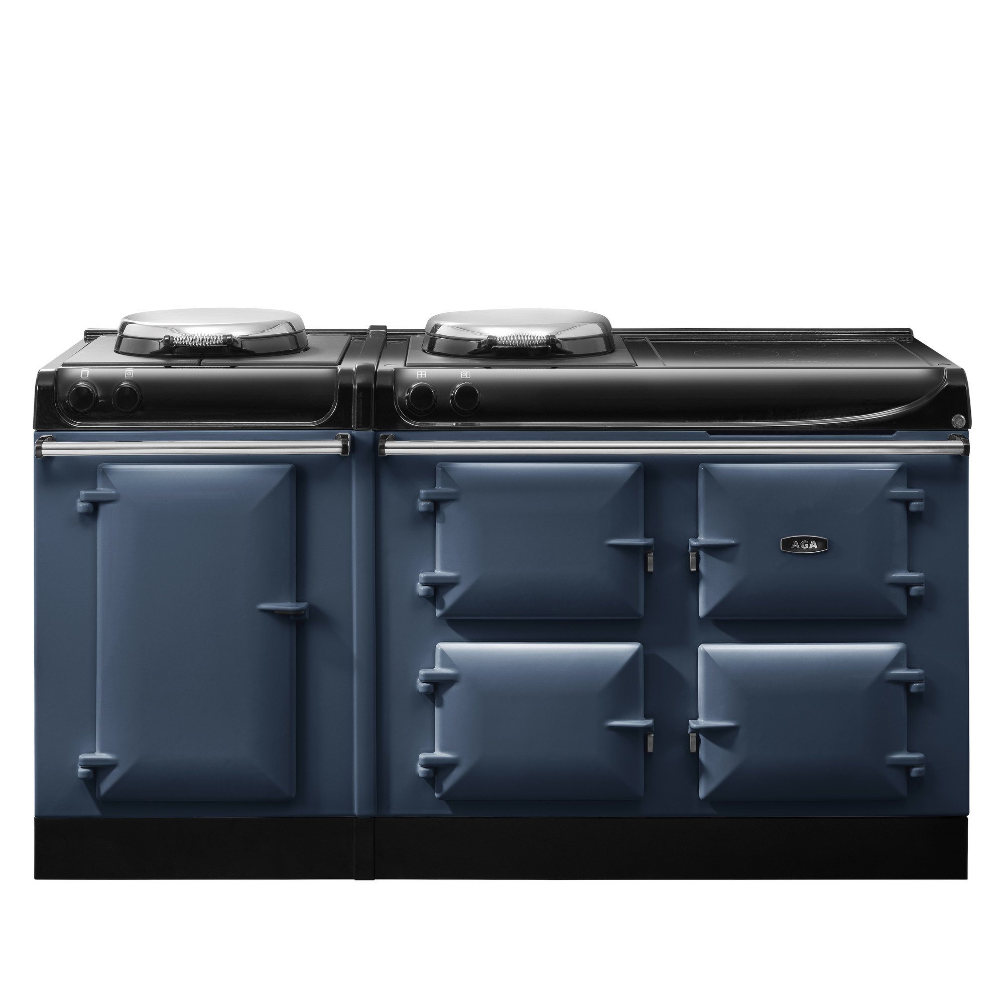 Blauer AGA Herd mit vier Backofentüren und zwei runden Kochplatten, traditionelles Design
