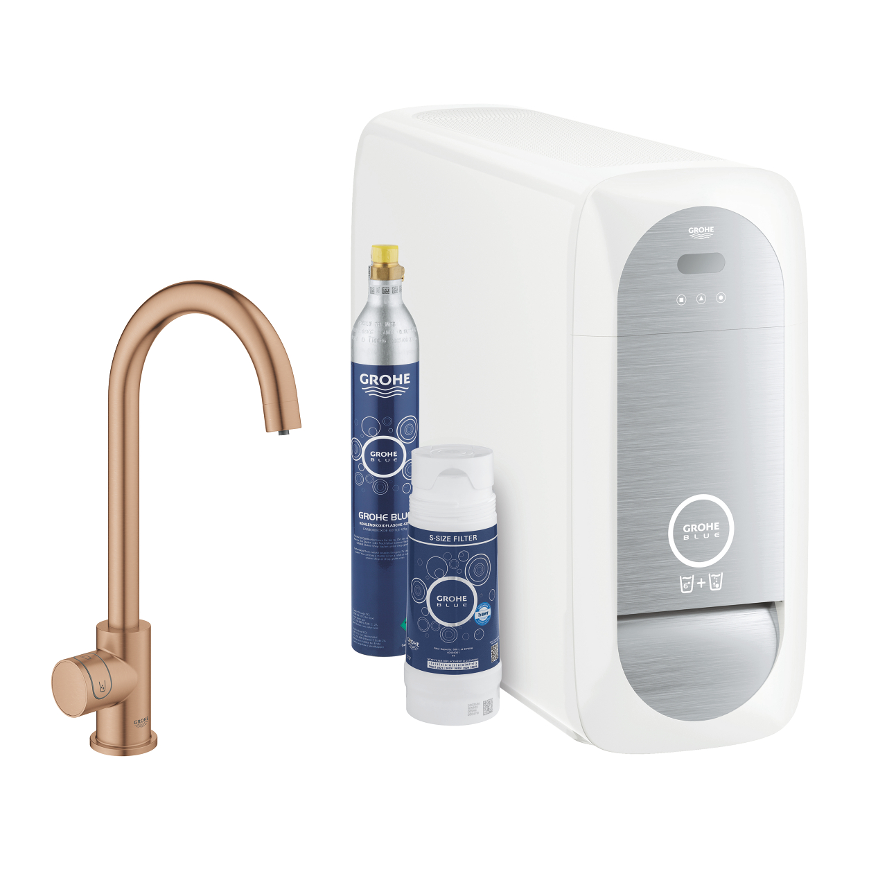 GROHE Blue Wassersystem Starter-Set bestehend aus Armatur in Roségold, Filterkartusche, CO2-Flasche und Kühlelement