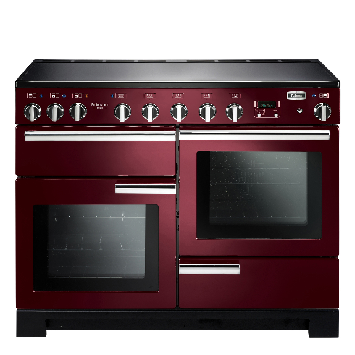 Falcon Professional Deluxe 110 Induktionsherd in Burgunderrot mit drei Backöfen, Grillfunktion und digitaler Anzeige