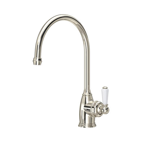 Elegante Einhebel-Küchenarmatur mit hohem Schwanenhals und weißem Griff, Oberfläche poliertes Nickel – ideal für Spülbecken, klassisches Design