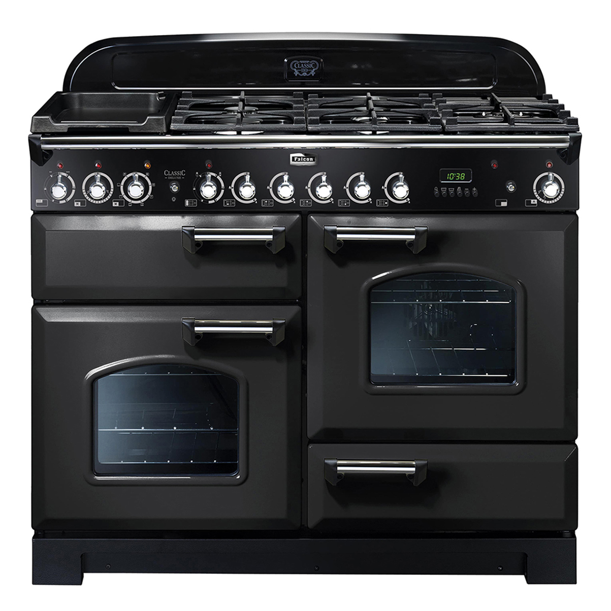 Schwarzer Falcon Classic Deluxe 110 cm Gasherd mit zwei Backöfen, separatem Grill und mehreren Bedienknöpfen auf weißem Hintergrund