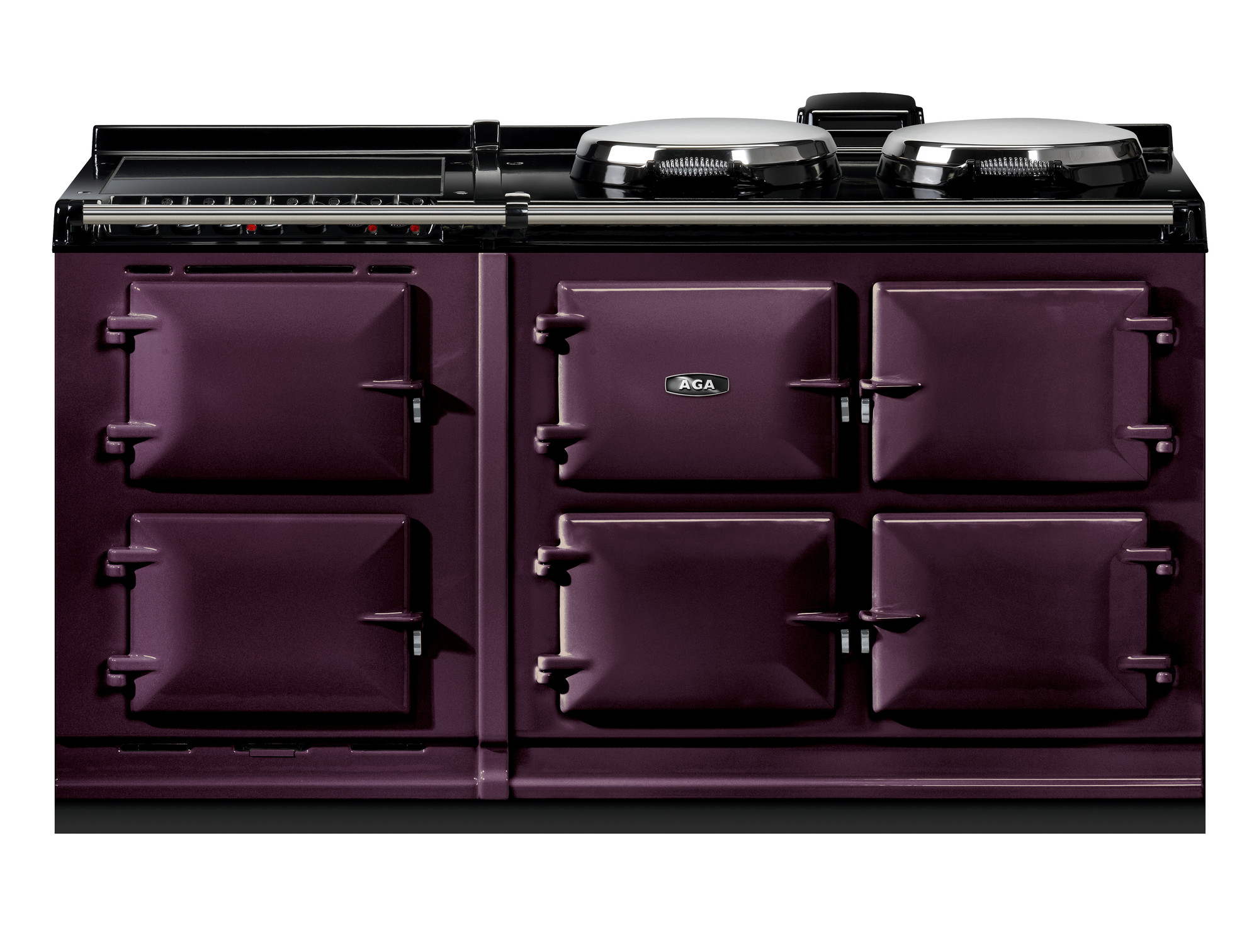 Klassischer AGA Herd in Aubergine mit sechs Backofentüren und zwei runden Kochplatten, geeignet für stilvolle Landhausküchen
