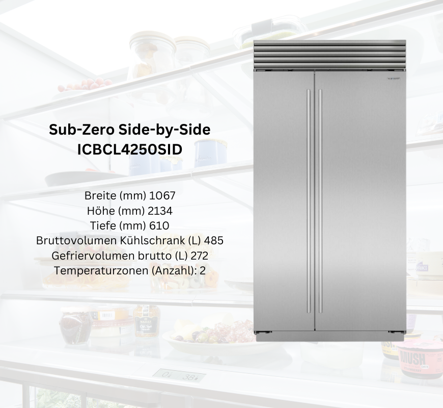 Sub-Zero ICBC4250SID Side-by-Side Kühlschrank, Edelstahl, 2 Temperaturzonen, 485 Liter Kühlraum, 272 Liter Gefrierraum, Maße 1067x2134x610 mm.