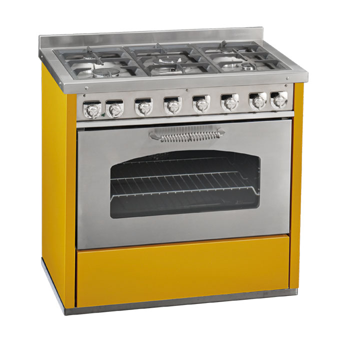 Gelber Standherd mit 5 Gas-Kochfeldern und Edelstahl-Backofen, moderne Ausführung