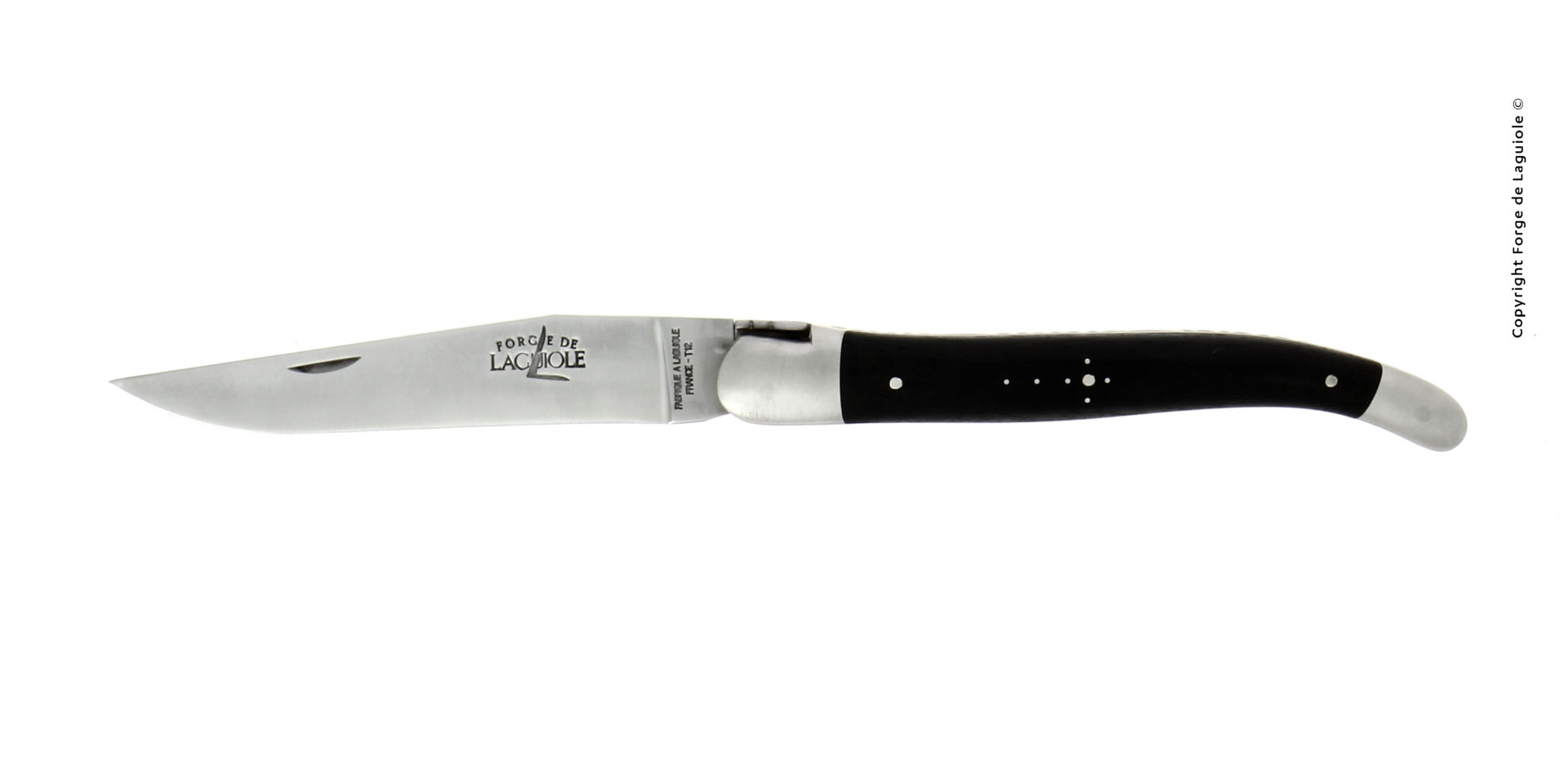 Traditionelles Laguiole Taschenmesser mit schwarzem Griff und Edelstahlklinge, seitlich abgebildet auf weißem Hintergrund