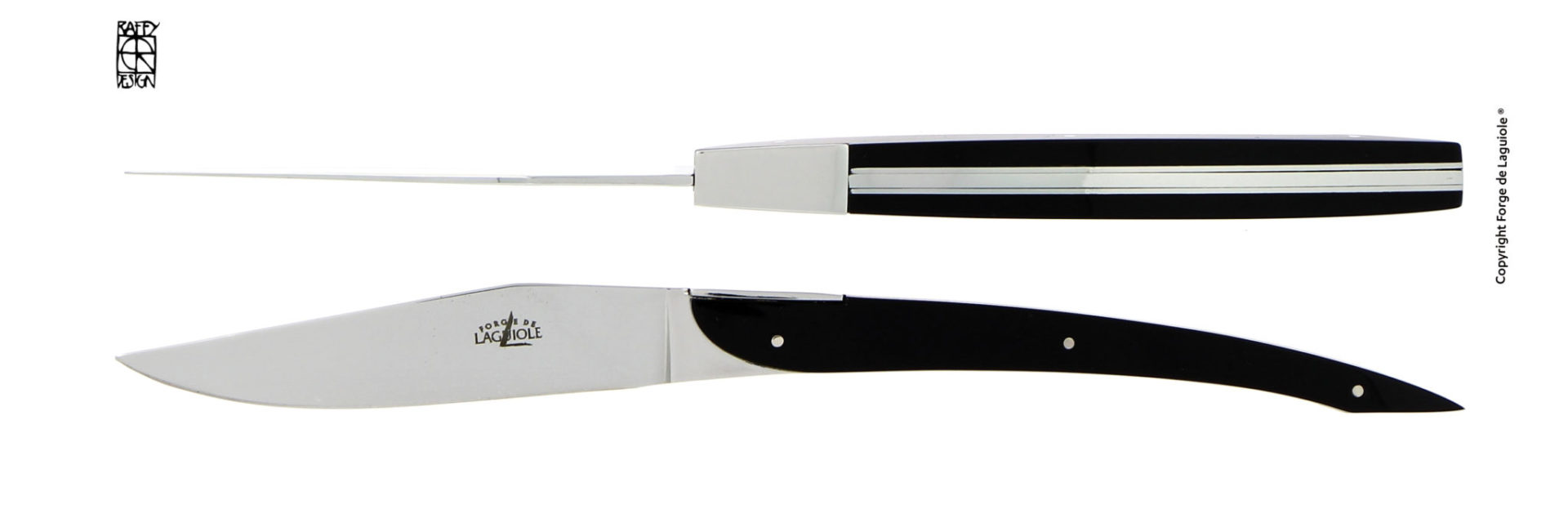 Elegantes Laguiole Taschenmesser mit schwarzem Griff, Edelstahlklinge und modernem Design, seitlich und von oben fotografiert