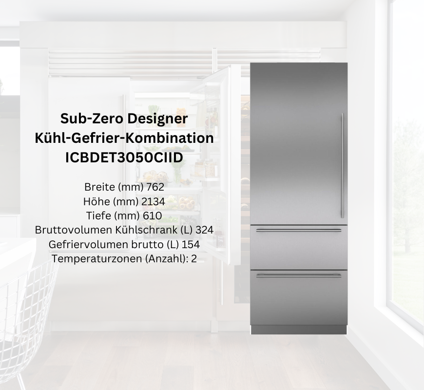Sub-Zero Designer Kühl-Gefrier-Kombination ICBDET3050CIID aus Edelstahl mit offenen Türen, zwei großen Schubladen, modernes Design, Küche mit Tageslicht