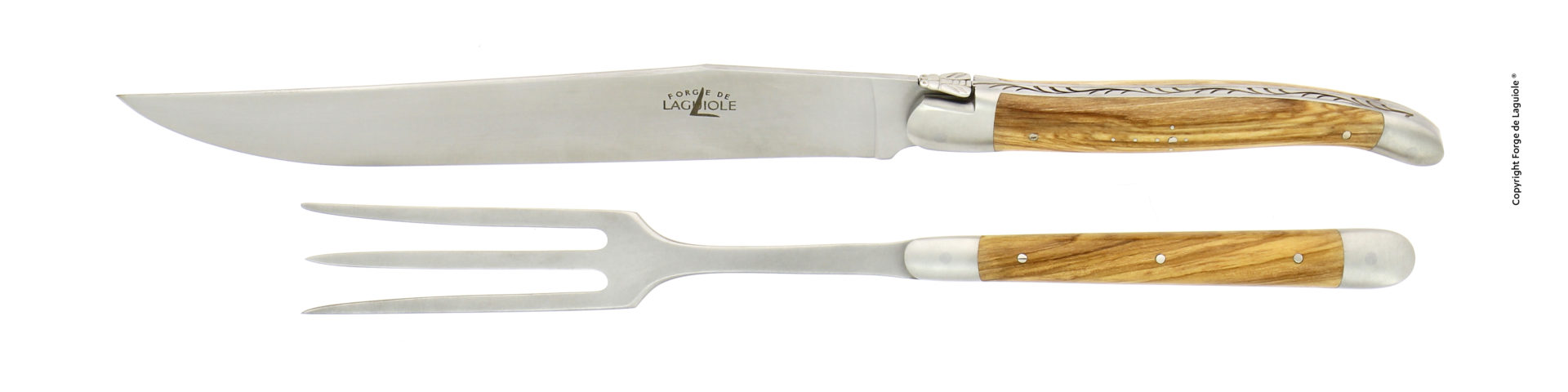 Tranchierbesteck-Set von Forge de Laguiole mit einem Messer und einer Fleischgabel, beide mit elegantem Olivenholzgriff und Edelstahlklingen