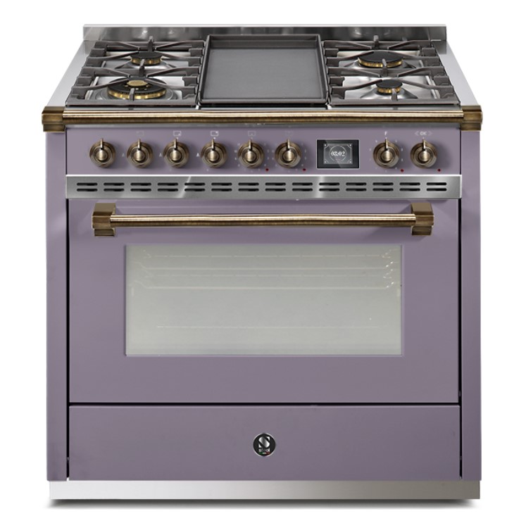 Hochwertiger Gasherd in Lavendelfarbe mit fünf Kochfeldern, zentraler Grillplatte und großem Backofen, ideal für moderne Küchen