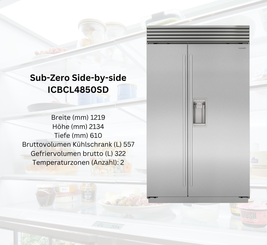 Sub-Zero Side-by-Side Kühlschrank ICBCI4850SD, Edelstahl, Maße 1219x2134x610mm, mit 2 Temperaturzonen, 557L Kühl- und 322L Gefriervolumen