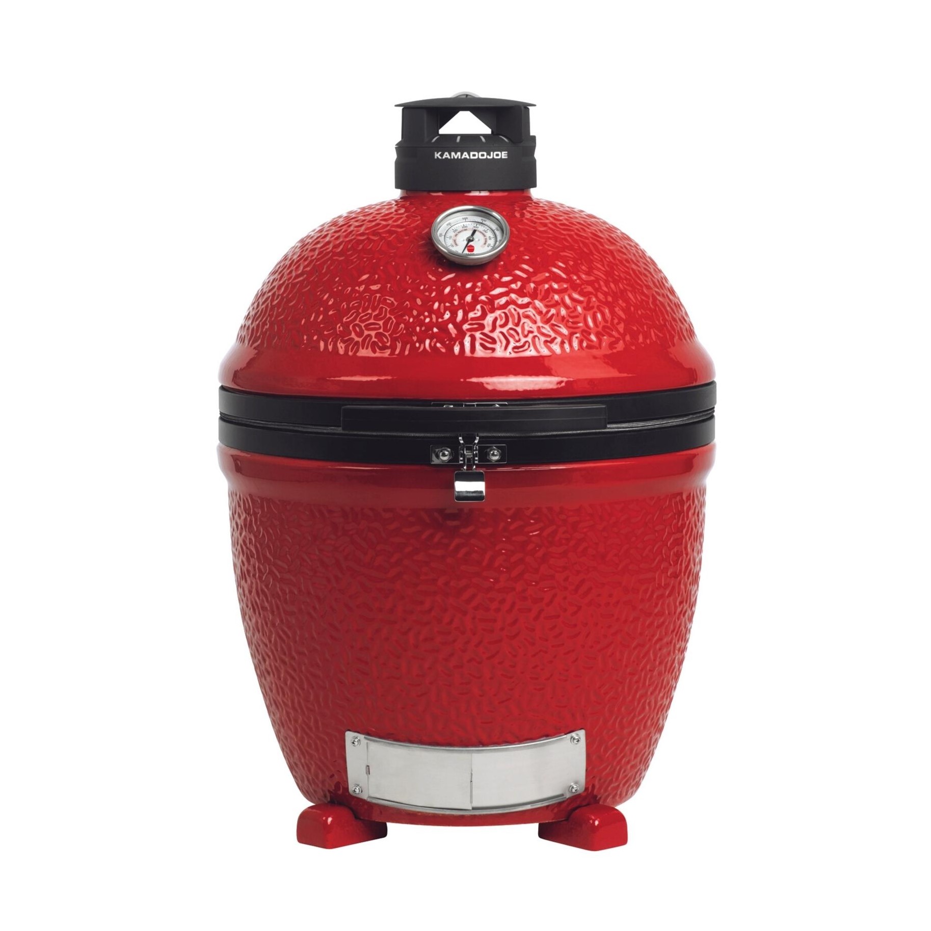 Roter Kamado Joe Keramikgrill Classic II mit Thermometer, Luftauslass und stabilem Standfuß, optimal für Grillabende