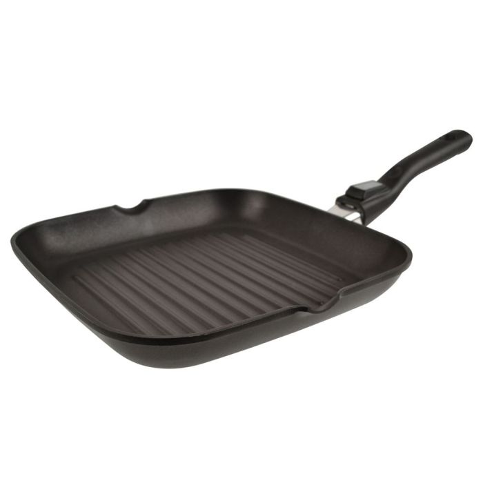 Schwarze, quadratische Grillpfanne mit Rillenboden und langem Griff, geeignet zum Braten und Grillen auf dem Herd