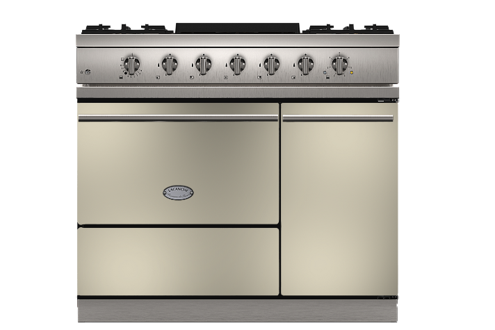 Freistehender Herd Falcon Classic Deluxe 110 in Champagner, Edelstahlfront, mit sechs Gas-Kochfeldern und zwei Backöfen