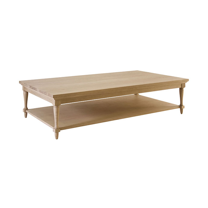 Moderner Couchtisch aus hellem Holz mit rechteckiger Form und unterer Ablage