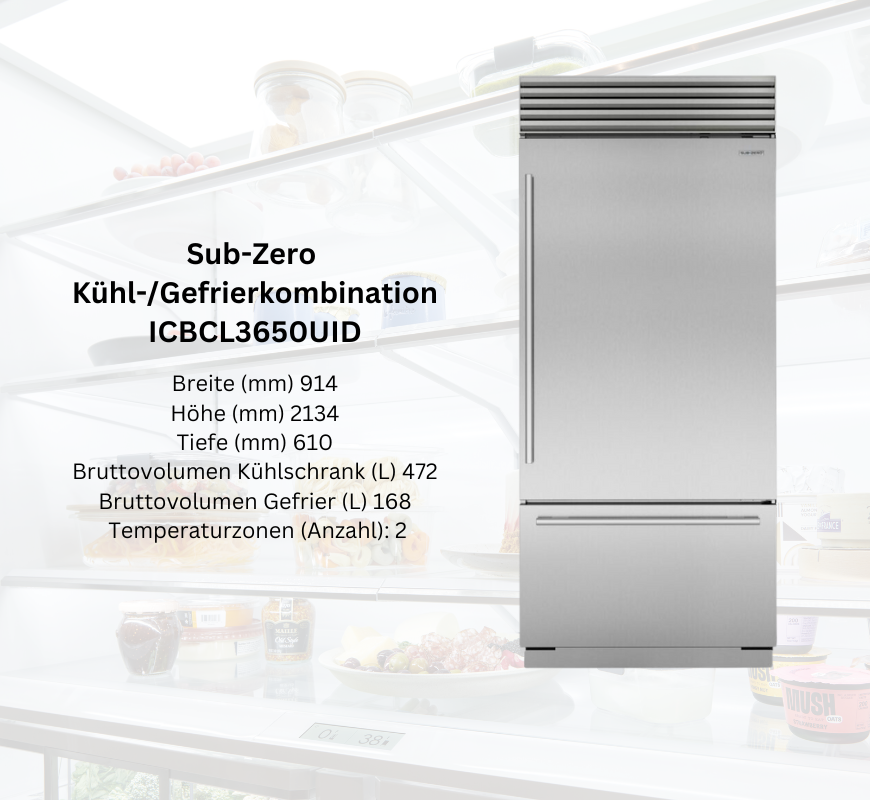 Sub-Zero Kühlschrank und Gefrierkombination Modell ICBCI3650UID aus Edelstahl, freistehend mit 2 Temperaturzonen, technische Details aufgelistet
