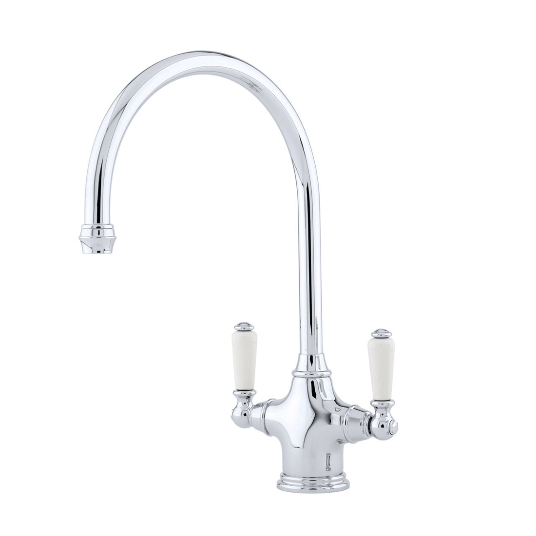 Zweigriff Küchenarmatur in Chrom mit geschwungenem Auslauf und weißen Griffen im klassischen Design