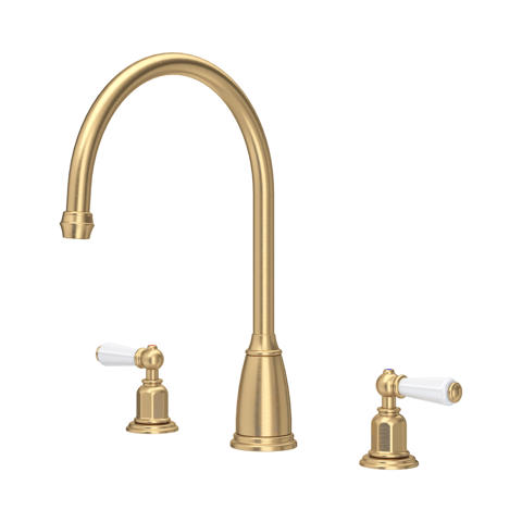 Zweigriff-Küchenarmatur in gebürstetem Messing/Gold mit hohem gebogenen Auslauf und weißen Porzellanhebeln; 3-Loch-Montage, mischt Warm- und Kaltwasser, elegantes Retro-Design für Spüle