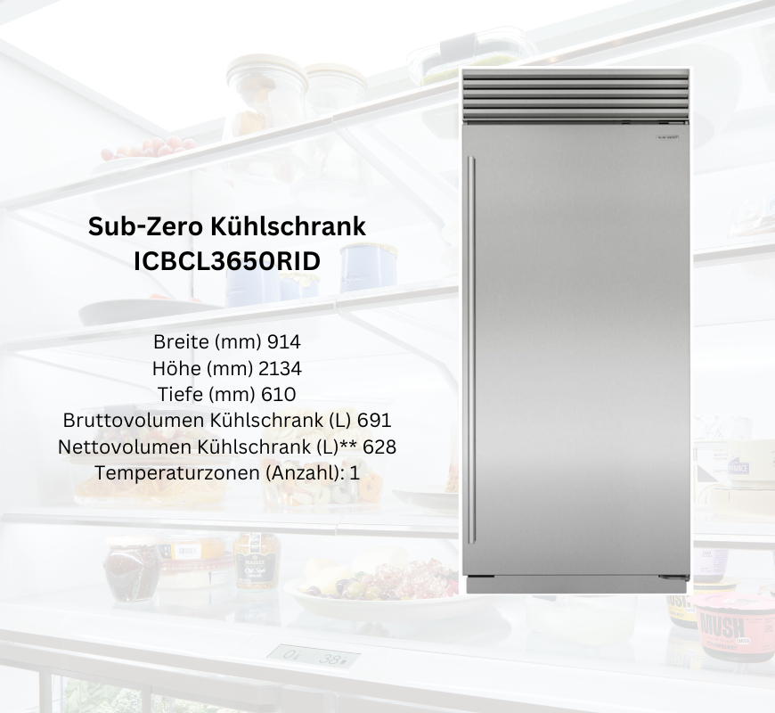 Sub-Zero Kühlschrank ICBCI3650RID, Edelstahl, freistehend, modernes Design, 914 mm breit, 2134 mm hoch, 610 mm tief, 691 Liter Bruttovolumen, 628 Liter Nettovolumen