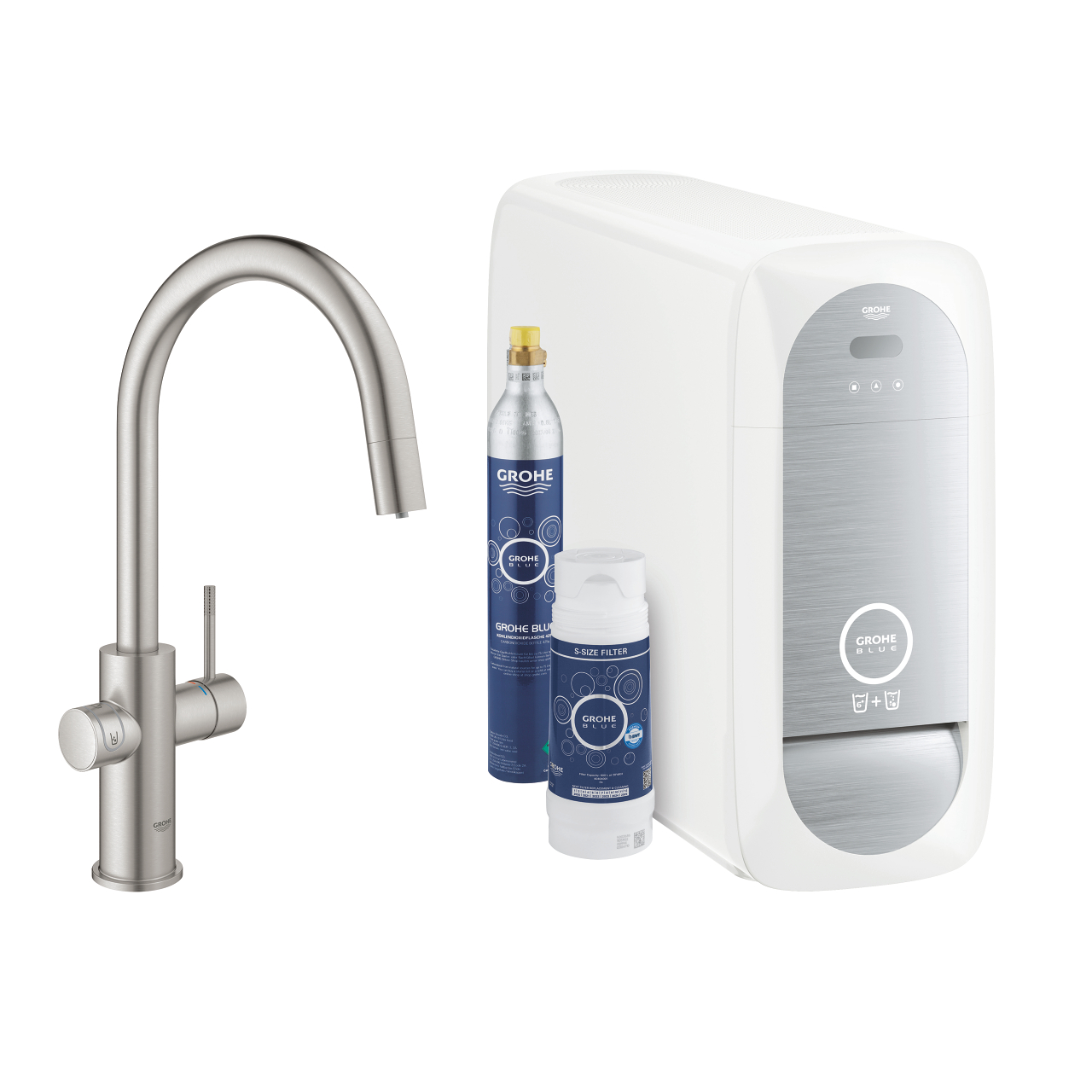 GROHE Blue Home Wassersystem mit Edelstahlarmatur, Filterkartusche, CO2-Zylinder und Kühler für gefiltertes und gekühltes Wasser