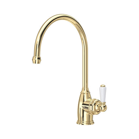 Produktfoto: goldene Küchenarmatur im Retro-Design, poliertes Messing, Einhebelmischer mit weißem Griff, hoher gebogener Auslauf für Spülbecken