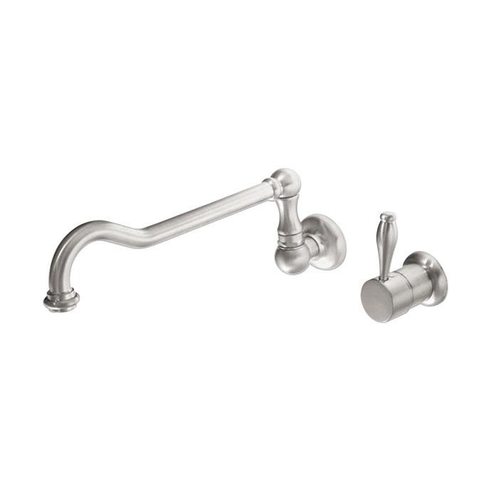 Moderne Wandarmatur aus Edelstahl mit separatem Hebelgriff und schwenkbarem Auslauf, ideal für die Küchenmontage